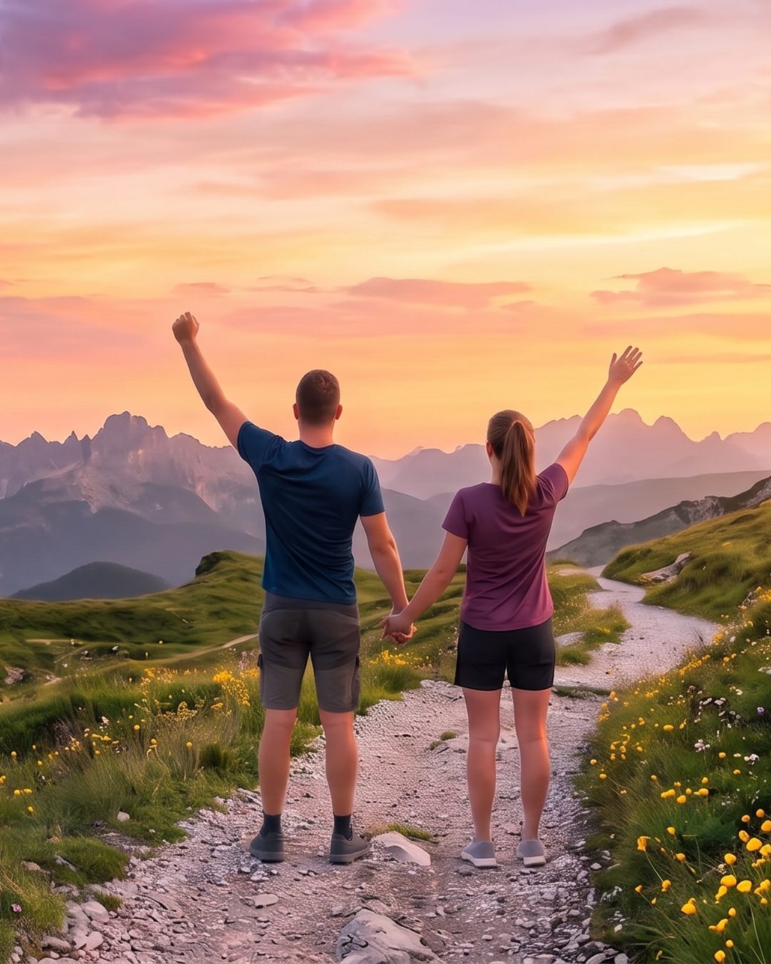 Zwei Menschen mit erhobenen Armen auf einem Bergweg im Sonnenaufgang – Mounjaro: Weg in ein neues Leben. Erfahrungen, Austausch, Motivation (Deutschland, Österreich, Schweiz).